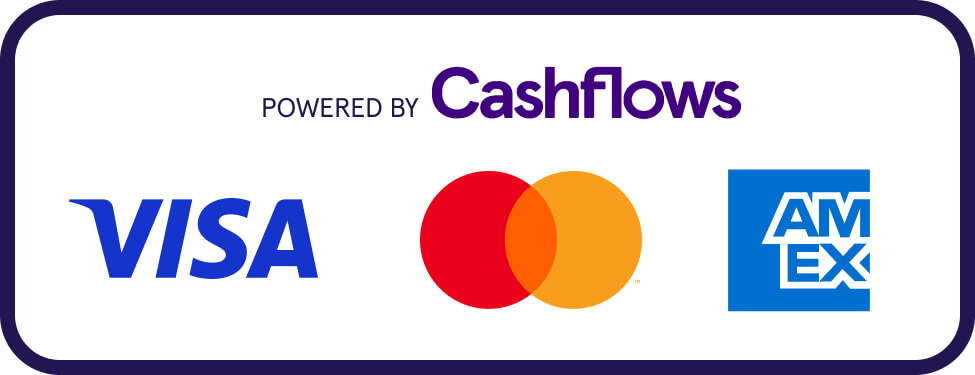 Powered by Cashflows. VISA, Mastercard, American Express.